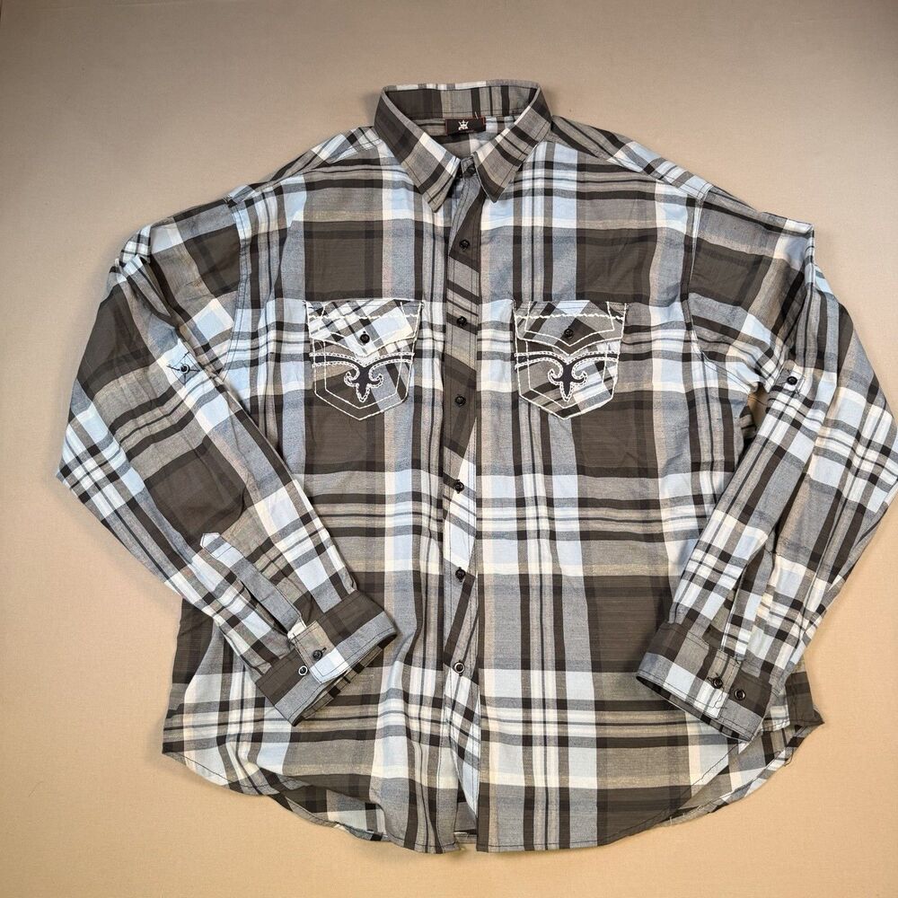 RED APE Mens Embroidered Pockets & Back Long Sleeve Shirt 3X Blue/Grey Plaid